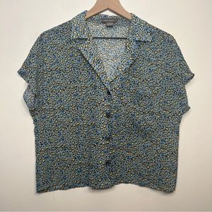 Sans Souci Blue Yellow Leopard Animal Print Short Sleeve Button Down Blouse